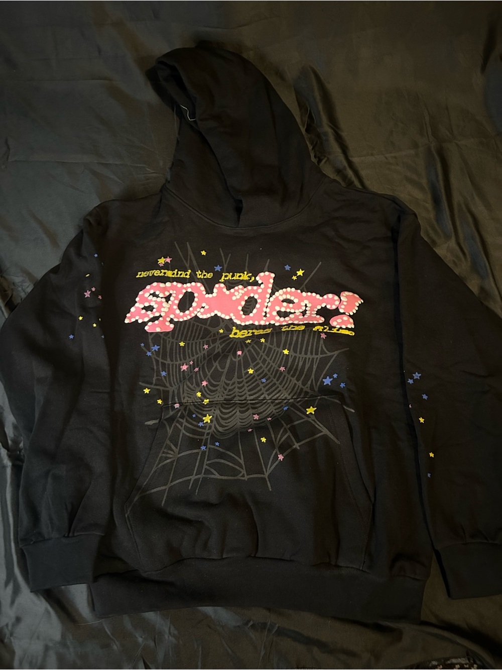 Black Graphic Hoodie Sweater with Pink 'Spiders' Logo